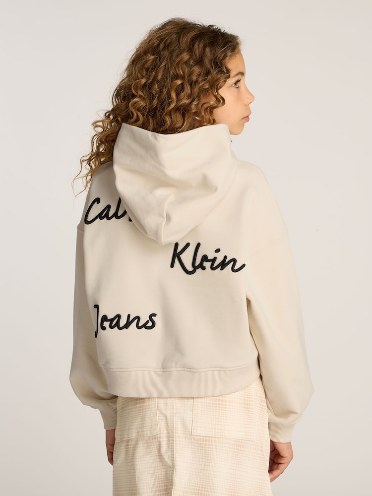 Calvin Klein Cream Stretch Cotton Hoodie With Handwriting Logo - Image 1 of 5