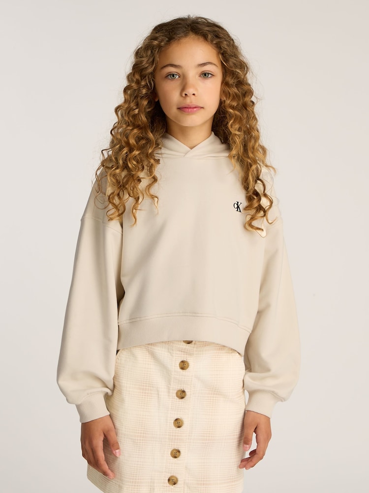 Calvin Klein Cream Stretch Cotton Hoodie With Handwriting Logo - Image 2 of 5