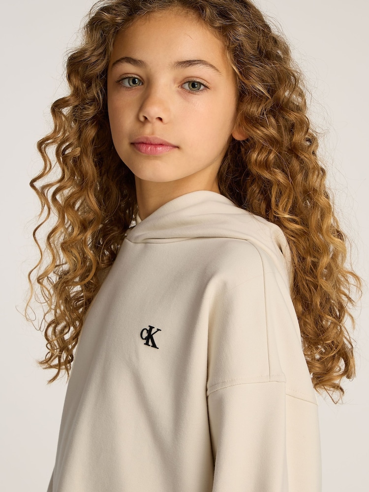 Calvin Klein Cream Stretch Cotton Hoodie With Handwriting Logo - Image 3 of 5