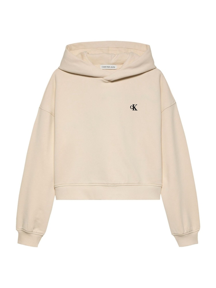 Calvin Klein Cream Stretch Cotton Hoodie With Handwriting Logo - Image 4 of 5