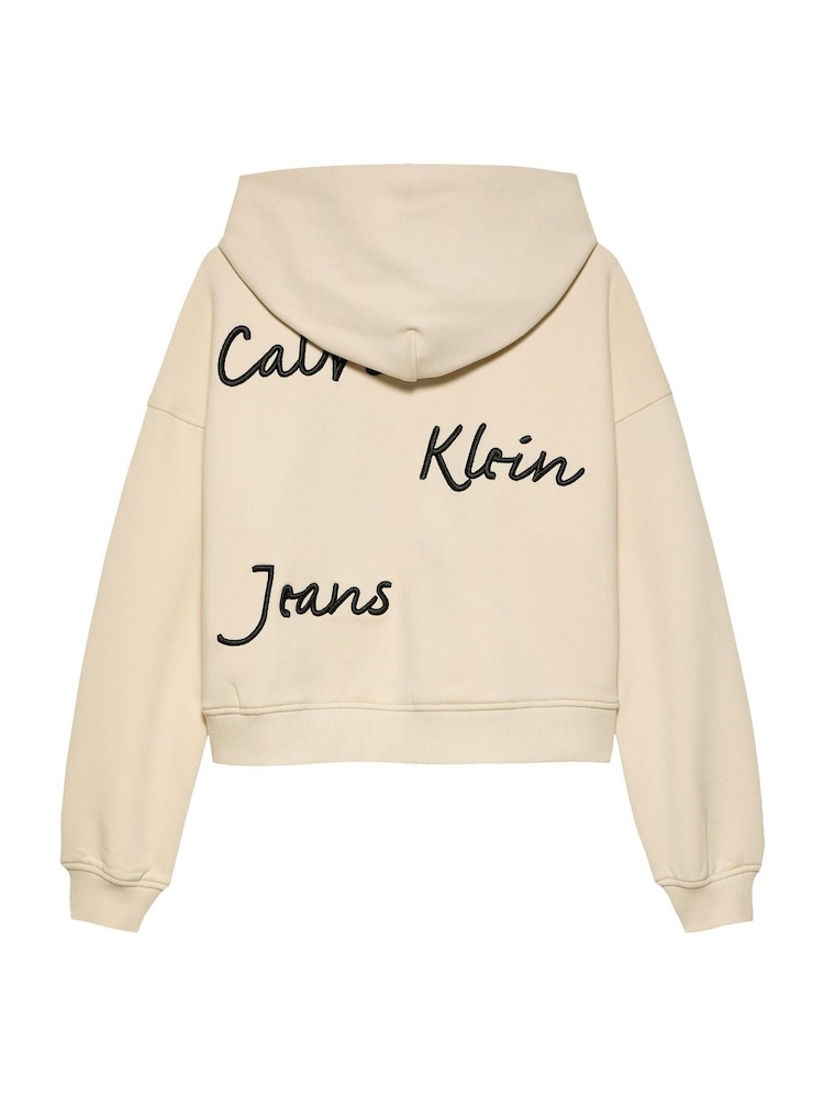 Calvin Klein Cream Stretch Cotton Hoodie With Handwriting Logo - Image 5 of 5