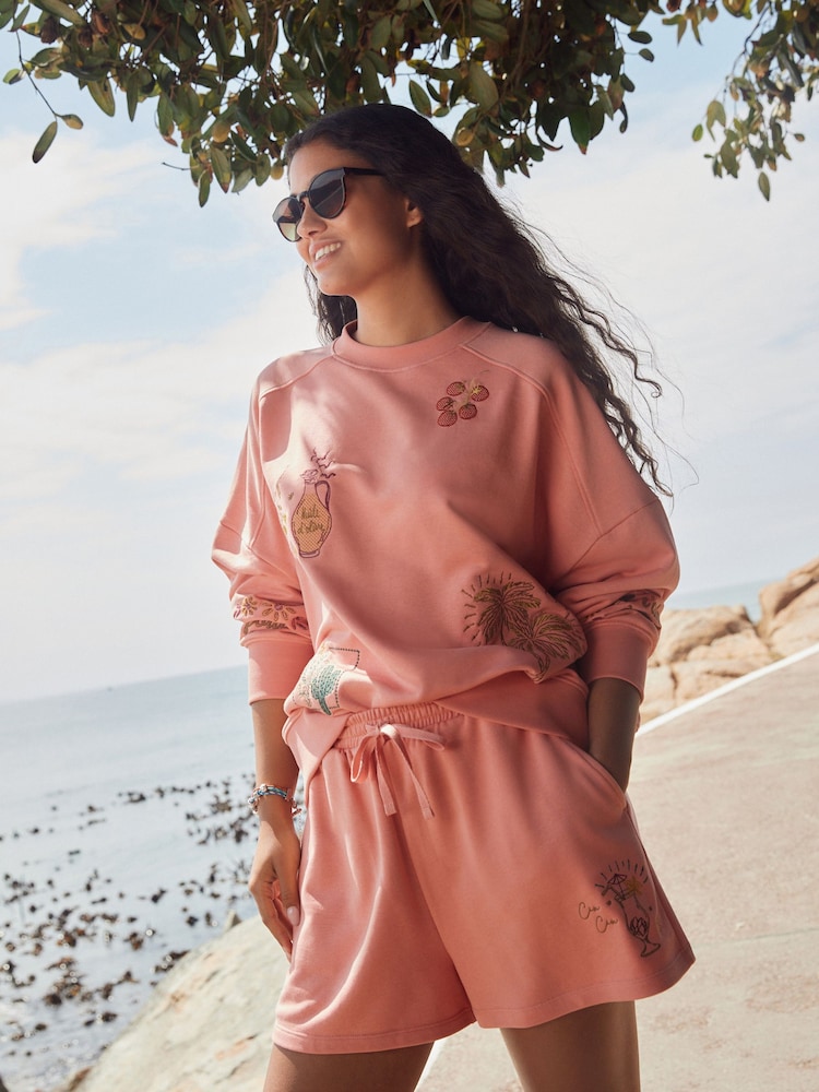 Cora Pink Heavy All Over Embroidery Summer Food and Cockatils Graphic Shorts - Image 1 of 8