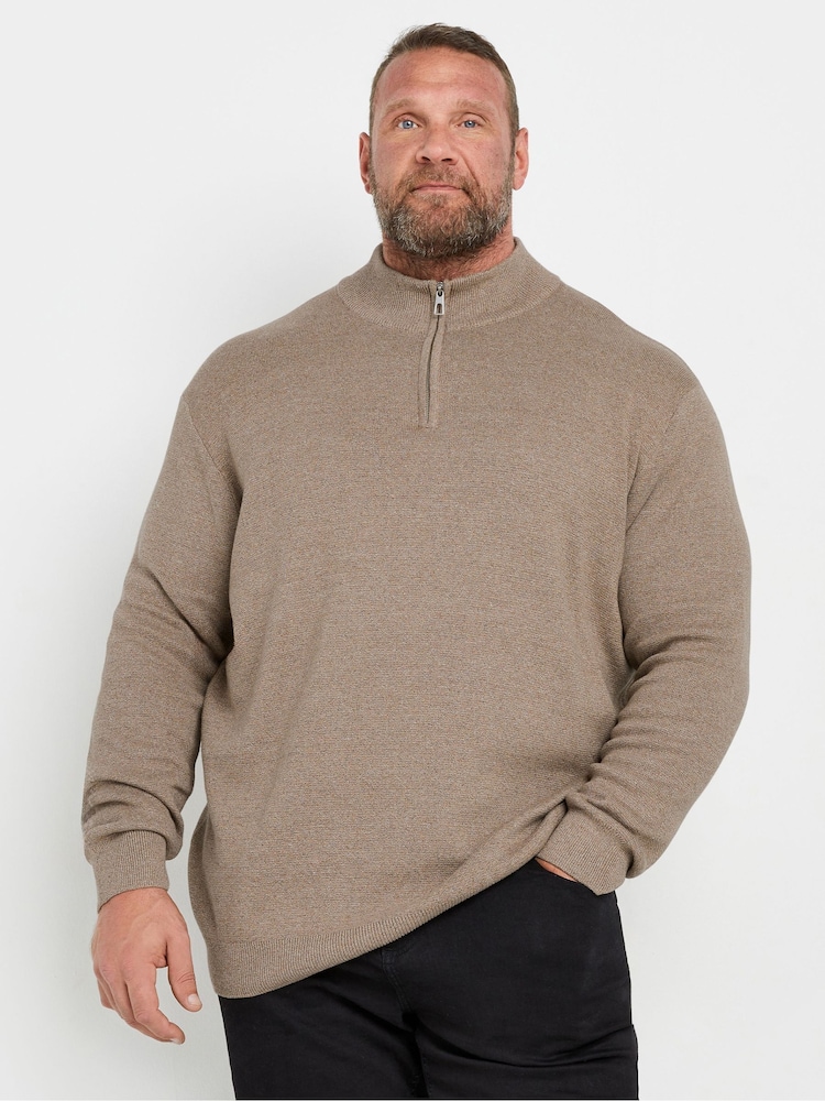 BadRhino Big & Tall Brown Milano Quarter Zip 100% Cotton Jumper - Image 1 of 3