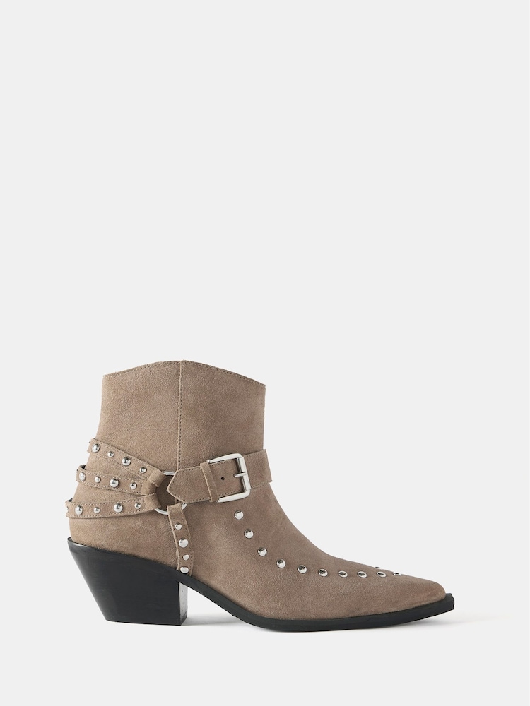 Mint Velvet Cream Suede Stud Cowboy Ankle Boots - Image 1 of 2