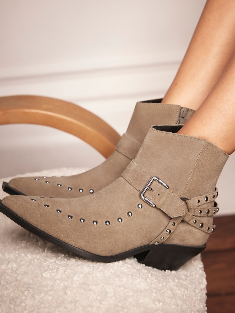 Mint Velvet Cream Suede Stud Cowboy Ankle Boots - Image 2 of 2