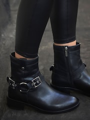 Mint Velvet Black Leather Buckled Biker Ankle Boots - Image 1 of 3