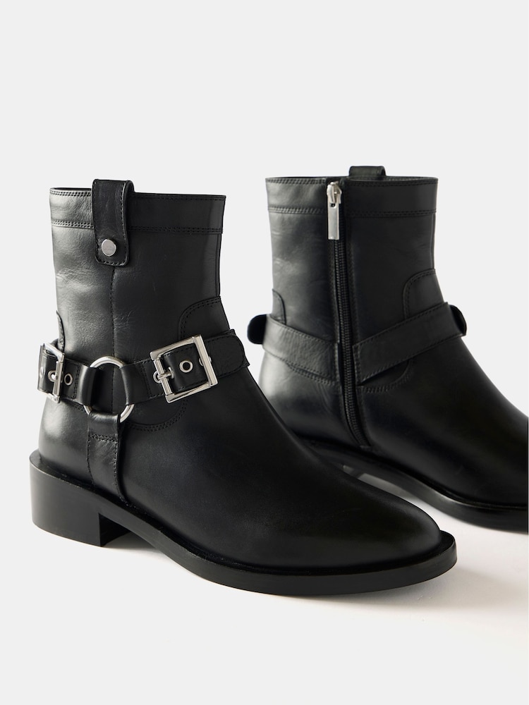 Mint Velvet Black Leather Buckled Biker Ankle Boots - Image 3 of 3