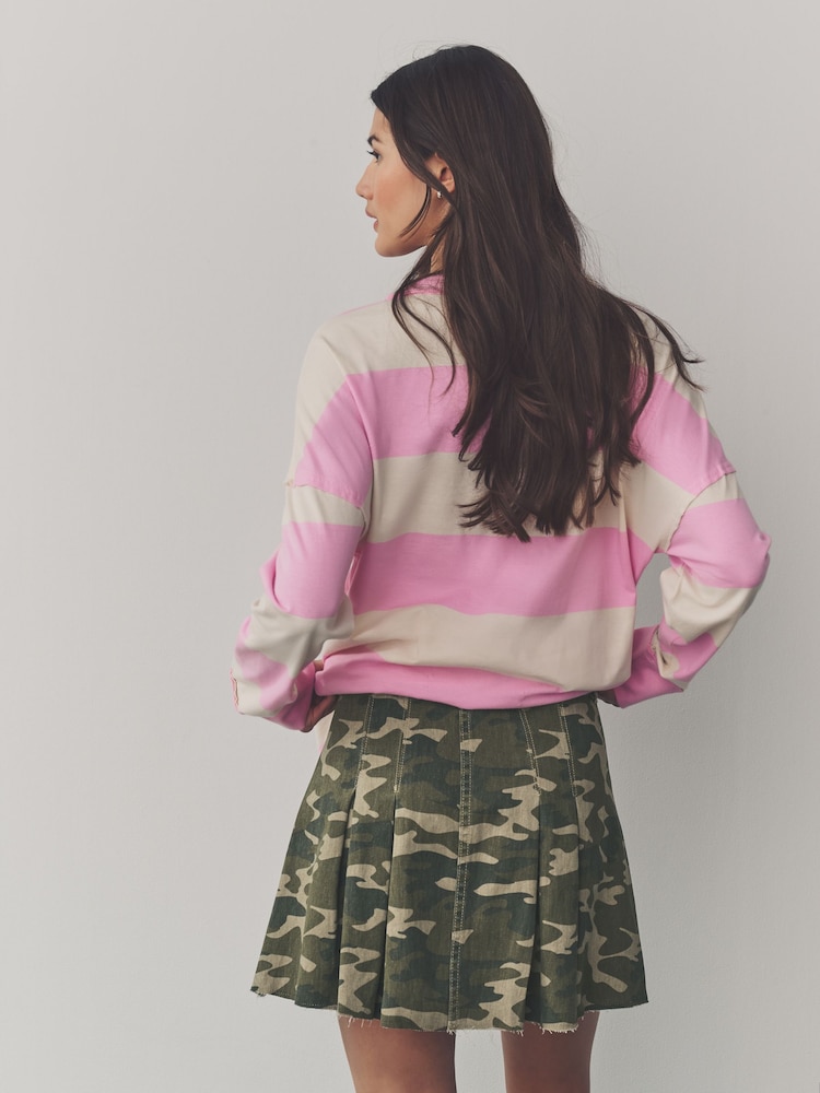 Camo Printed 100% Cotton Pleated Denim Mini Skirt - Image 3 of 7