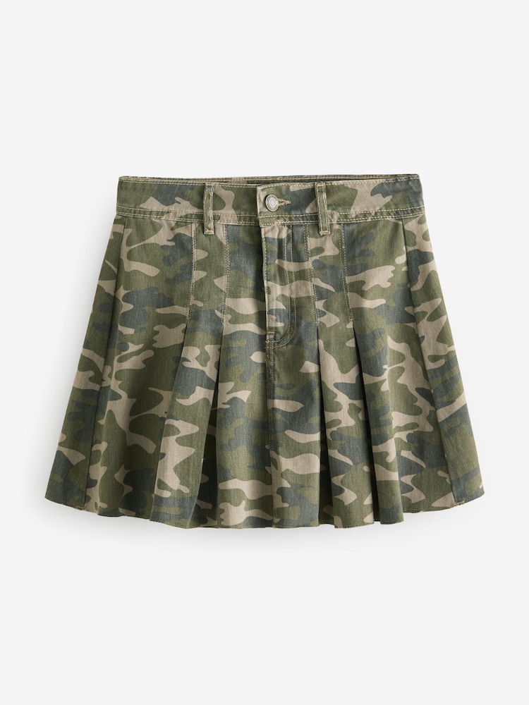 Camo Printed 100% Cotton Pleated Denim Mini Skirt - Image 5 of 7