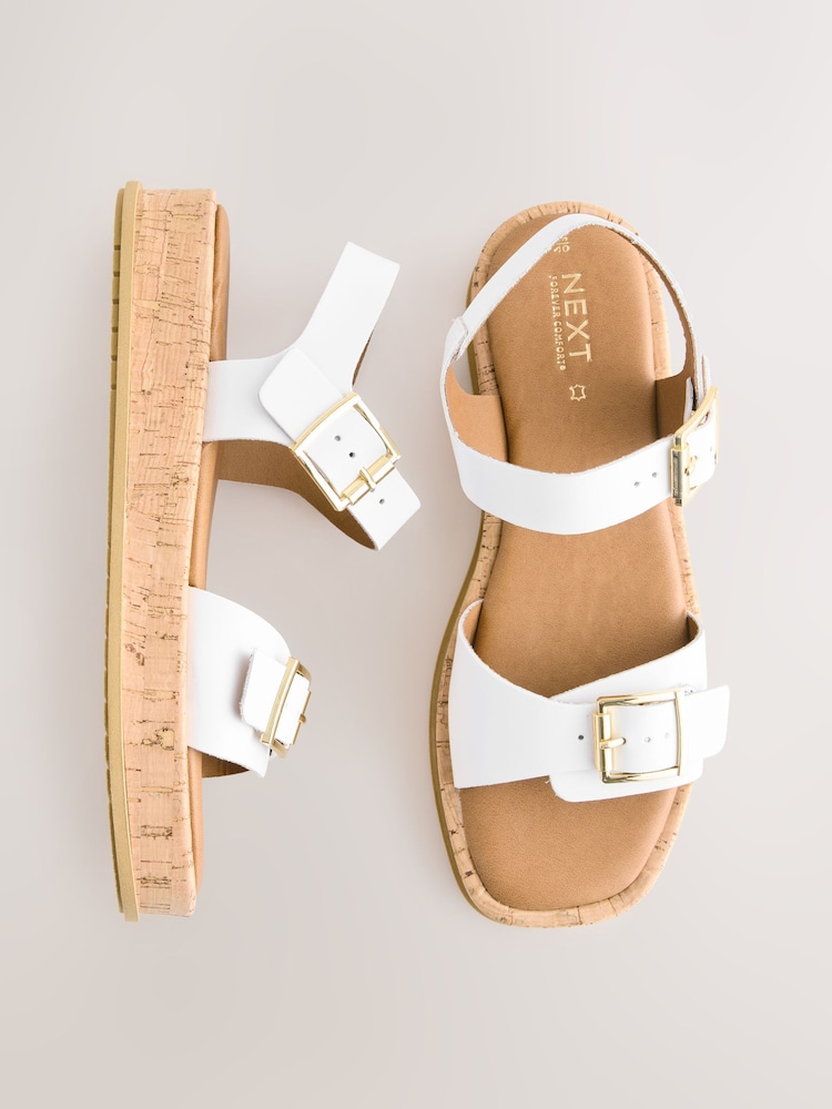 White Leather Standard/Wide Fit Forever Comfort® Double Buckle Flatform Sandals - Image 1 of 8