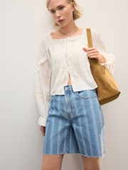 Blue Stripe 100% Cotton Slouch Relax Denim Shorts - Image 1 of 4