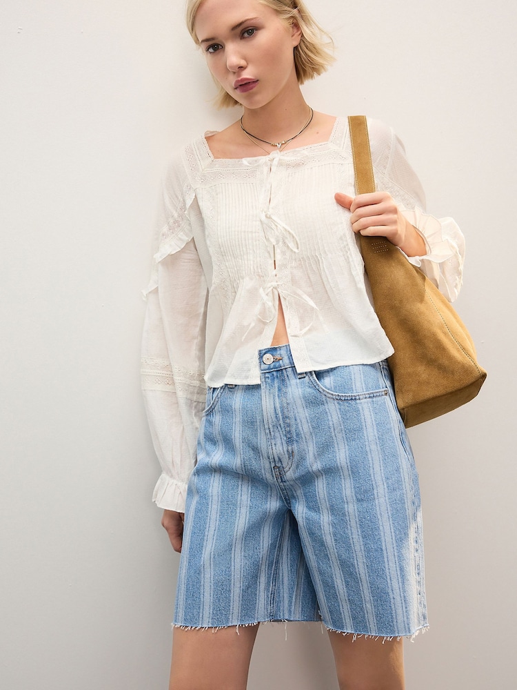 Gestreift, Blau - Slouch-Denim-Shorts in entspannter Passform aus 100 % Baumwolle - Bild 1 von 7 Gestreift, Blau - Slouch-Denim-Shorts in entspannter Passform aus 100 % Baumwolle - Bild 1 von 7