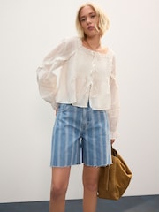 Blue Stripe 100% Cotton Slouch Relax Denim Shorts - Image 2 of 4
