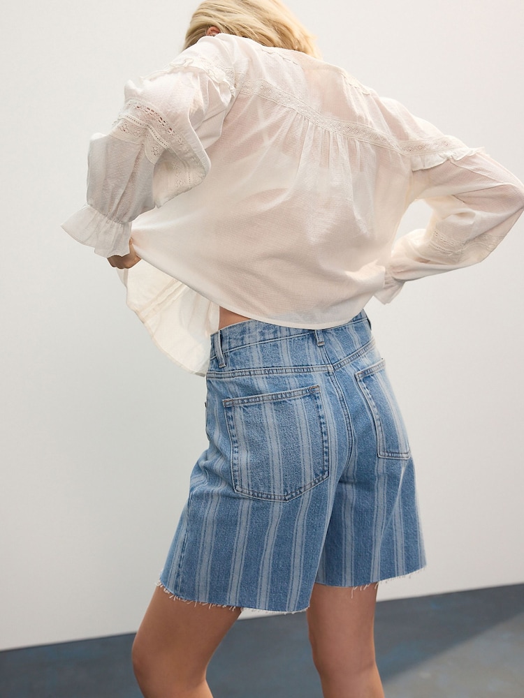 Blue Stripe 100% Cotton Slouch Relax Denim Shorts - Image 3 of 4