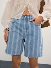 Blue Stripe 100% Cotton Slouch Relax Denim Shorts - Image 4 of 4