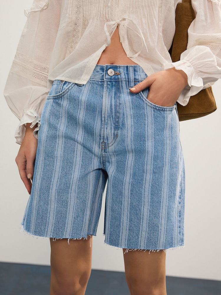 Blue Stripe 100% Cotton Slouch Relax Denim Shorts - Image 4 of 4
