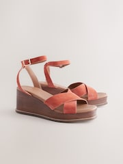 Orange Forever Comfort® Leather Square Toe Cross-Over Detail Wedges - Image 1 of 5