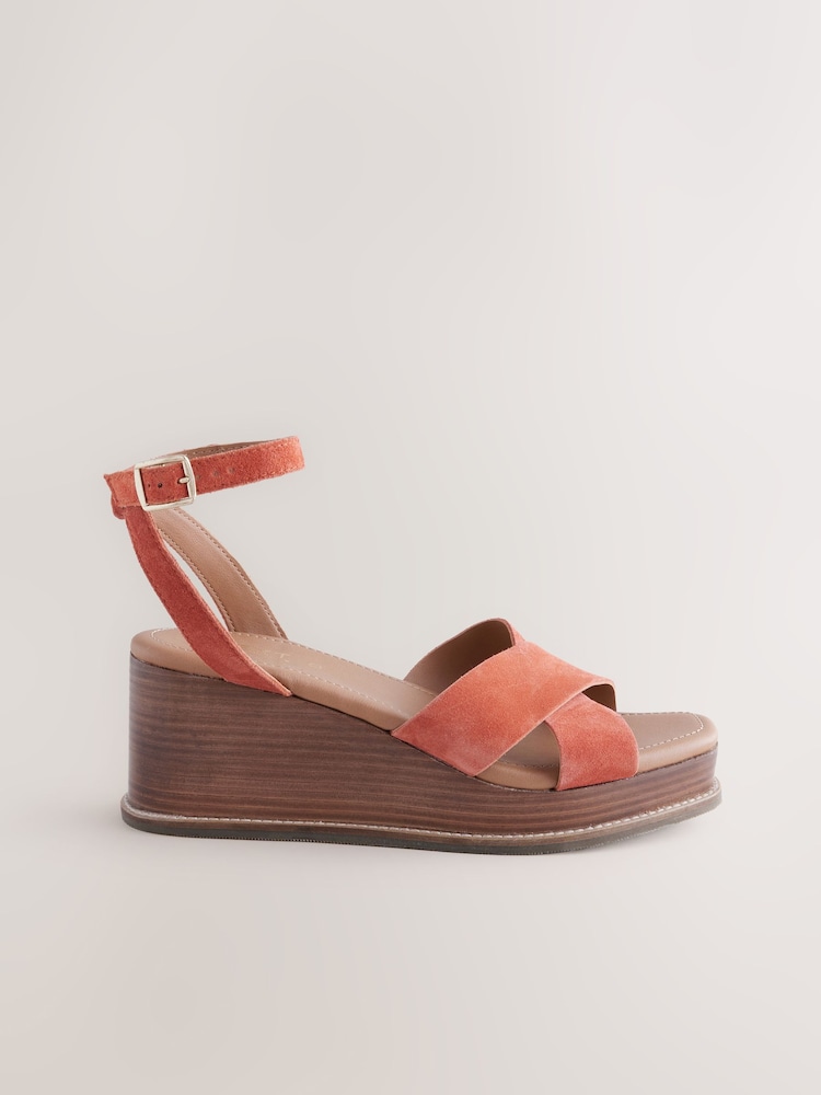 Orange Forever Comfort® Leather Square Toe Cross-Over Detail Wedges - Image 2 of 5