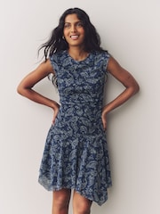 Blue Paisly Print Mesh Asymetric Short Sleeve Mini Dress - Image 1 of 7