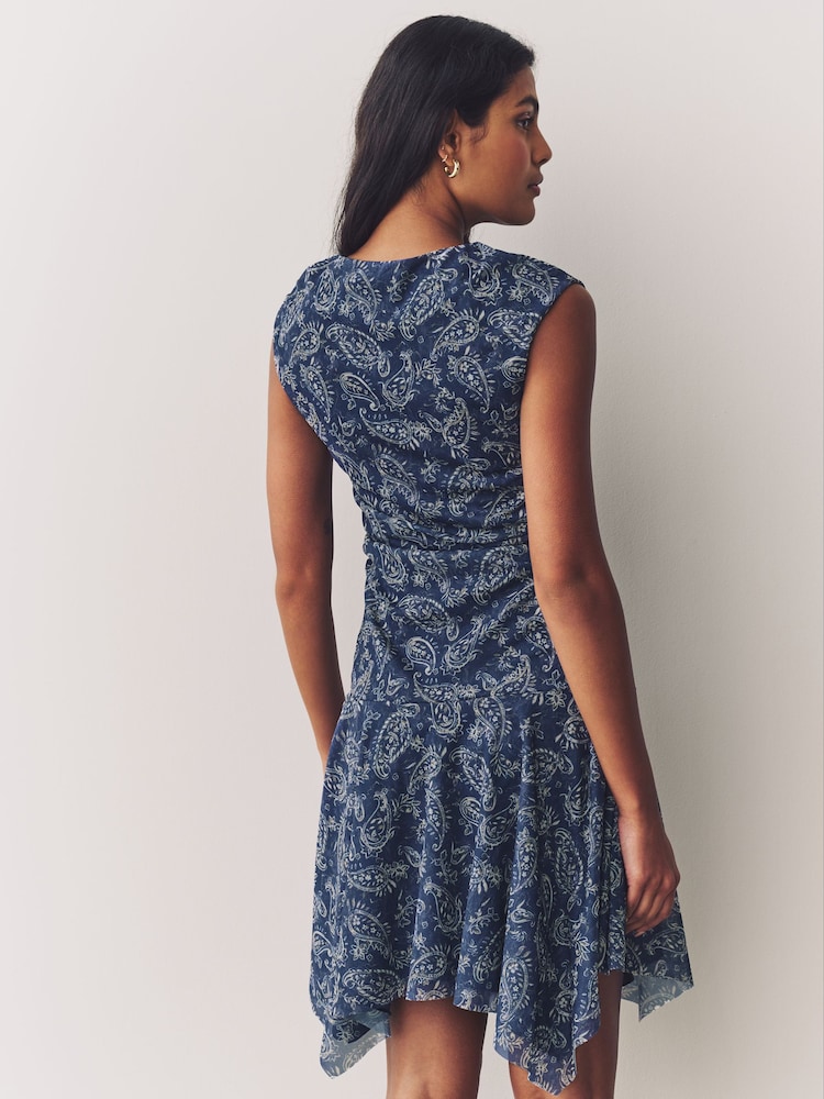 Blue Paisly Print Mesh Asymetric Short Sleeve Mini Dress - Image 2 of 7