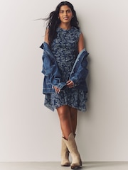 Blue Paisly Print Mesh Asymetric Short Sleeve Mini Dress - Image 3 of 7