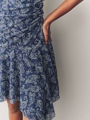 Blue Paisly Print Mesh Asymetric Short Sleeve Mini Dress - Image 4 of 7