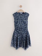Blue Paisly Print Mesh Asymetric Short Sleeve Mini Dress - Image 5 of 7