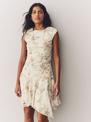 Ecru Ditsy Floral Mesh Asymetric Short Sleeve Mini Dress - Image 1 of 8