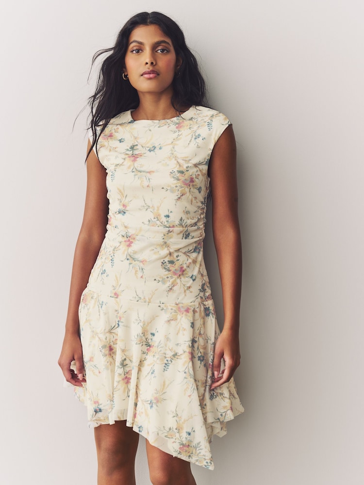 Ecru Ditsy Floral Mesh Asymetric Short Sleeve Mini Dress - Image 1 of 8