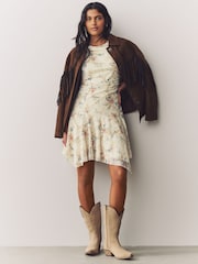 Ecru Ditsy Floral Mesh Asymetric Short Sleeve Mini Dress - Image 3 of 8