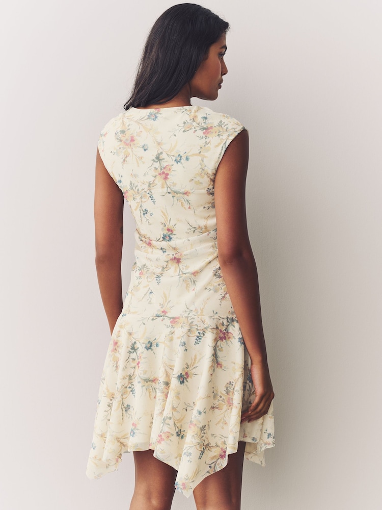 Ecru Ditsy Floral Mesh Asymetric Short Sleeve Mini Dress - Image 4 of 8