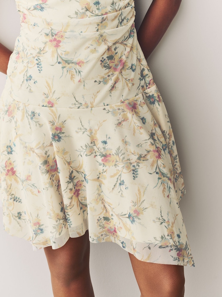 Ecru Ditsy Floral Mesh Asymetric Short Sleeve Mini Dress - Image 5 of 8
