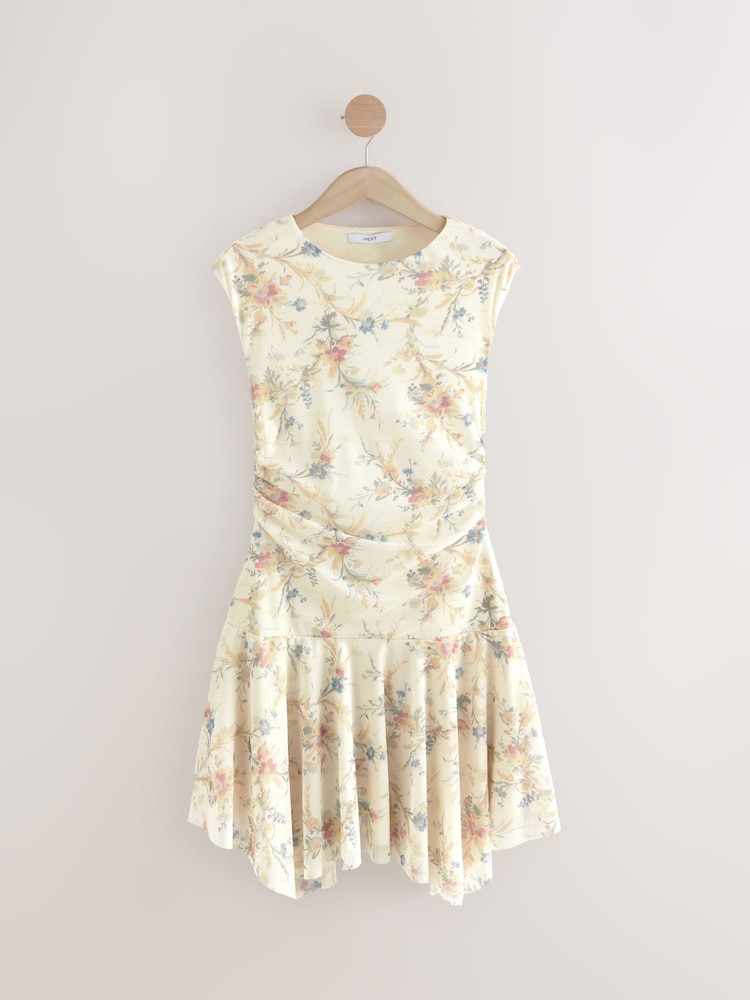 Ecru Ditsy Floral Mesh Asymetric Short Sleeve Mini Dress - Image 6 of 8