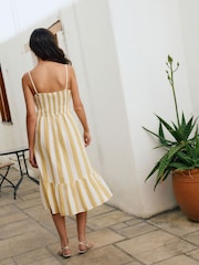 Yellow/White Button Down Midi Dress With Linen - Image 2 of 9