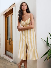 Yellow/White Button Down Midi Dress With Linen - Image 3 of 9