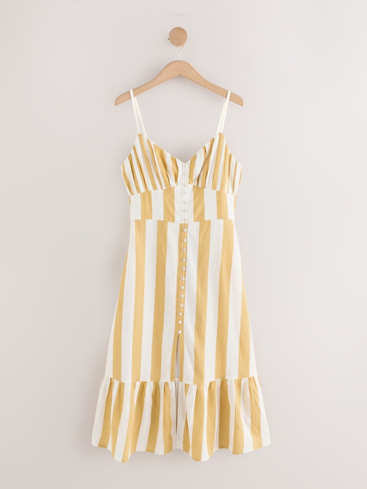 Yellow/White Button Down Midi Dress With Linen - Image 9 of 9