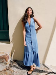 Blue Button Down Midi Dress - Image 1 of 8