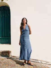 Blue Button Down Midi Dress - Image 4 of 8