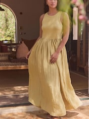 Olive Green Crinkle Texture Jersey/Woven Mix Midi Dress - Image 10 of 10