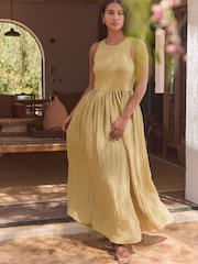 Olive Green Crinkle Texture Jersey/Woven Mix Midi Dress - Image 2 of 10