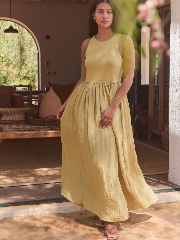 Olive Green Crinkle Texture Jersey/Woven Mix Midi Dress - Image 2 of 10