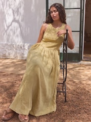Olive Green Crinkle Texture Jersey/Woven Mix Midi Dress - Image 4 of 10
