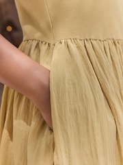 Olive Green Crinkle Texture Jersey/Woven Mix Midi Dress - Image 6 of 10