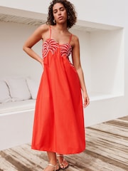 Orange Embroidered Palm Midi Dress - Image 1 of 6