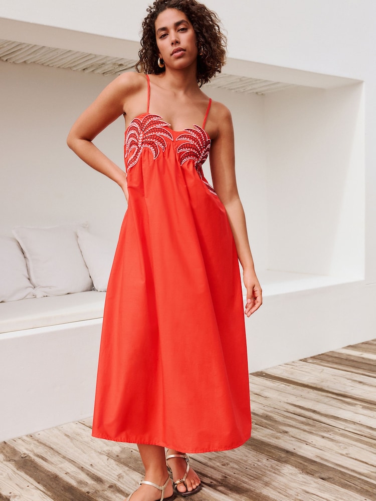 Orange Embroidered Palm Midi Dress - Image 1 of 6