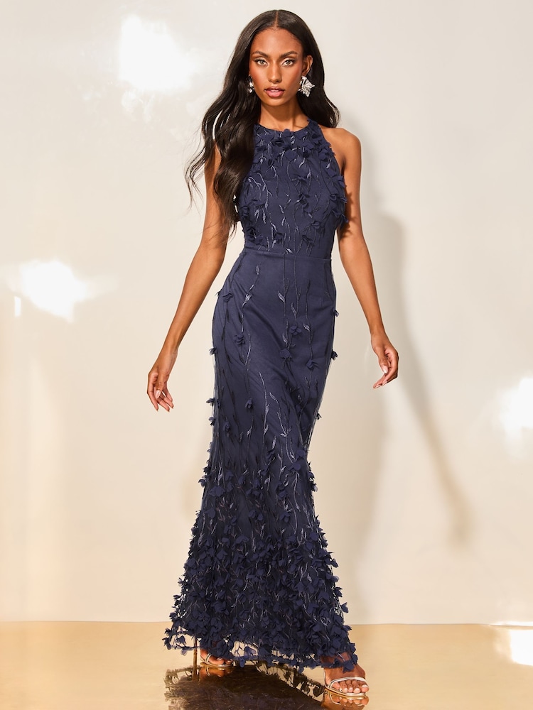 Lipsy Navy Premium Floral 3D Textured Halter Maxi Dress - Image 1 of 1