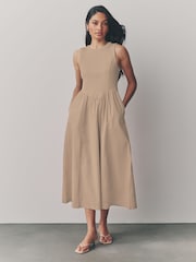 Stone Woven Jersey Mix Sleeveless Racer Ribbed Midi Dress - Image 1 of 6
