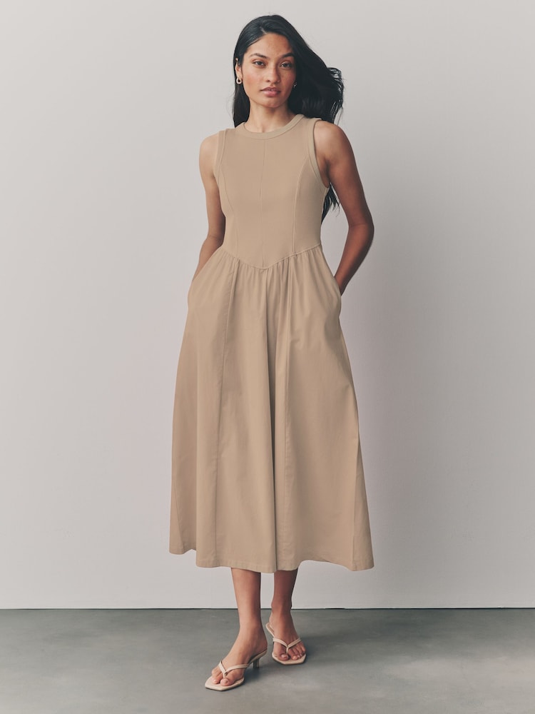 Stone Woven Jersey Mix Sleeveless Racer Ribbed Midi Dress - Image 1 of 6