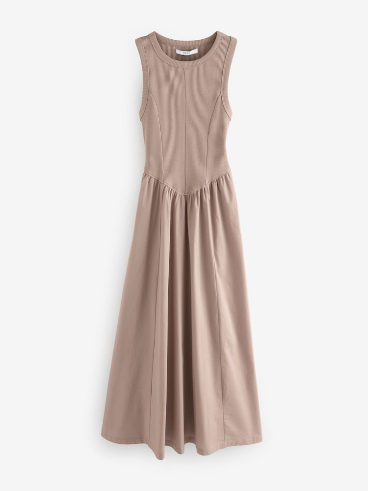 Stone Woven Jersey Mix Sleeveless Racer Ribbed Midi Dress - Image 4 of 6