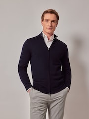 Hawes & Curtis Blue Zip Up Merino Jumper - Image 1 of 3